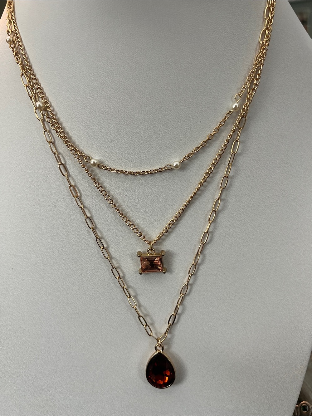 PaparazziGold-Tone Layered Necklace with Brown Gemstone Pendants - Women Jewelry